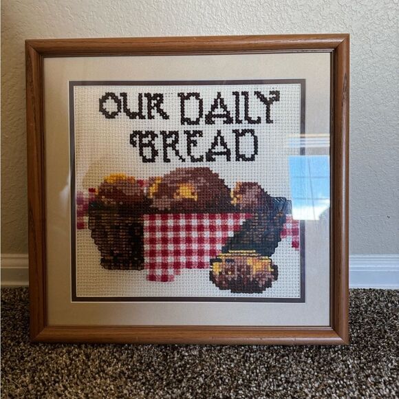 Vintage Cross-stitch Religious „Our Daily Bread“ Framed Picture 14“ by 14.5“ - Picture 2 of 3